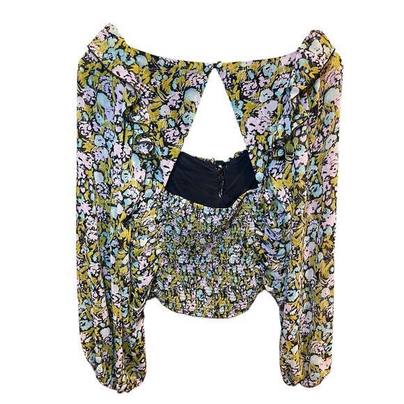 Free People Medium Mabel Balloon Sleeve Ruched Cropped Top Peasant Blouse Floral - Picture 10 of 15